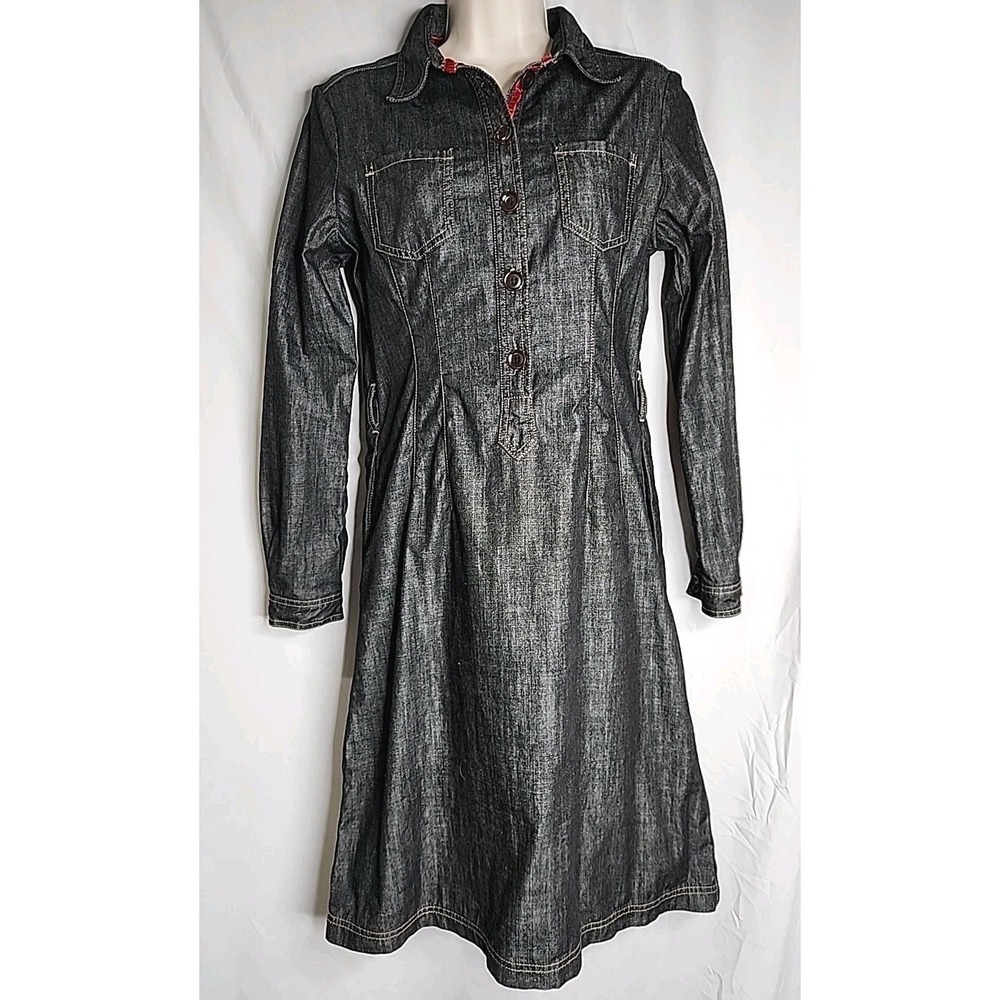 BODEN Denim Dress Womens 10R Half Button Front Black / Yellow Stitching EUC